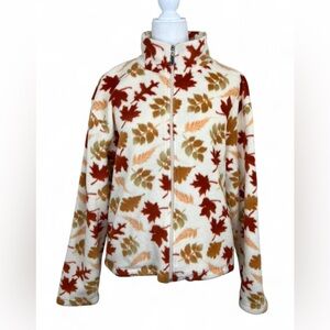 Vintage Mountain Lake autumn leaf print fleece zip up sweater